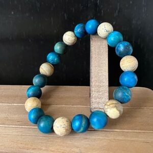 Blue Tigereye & Picture Jasper Natural Stone Crystal 10mm Bead Stretch Bracelet
